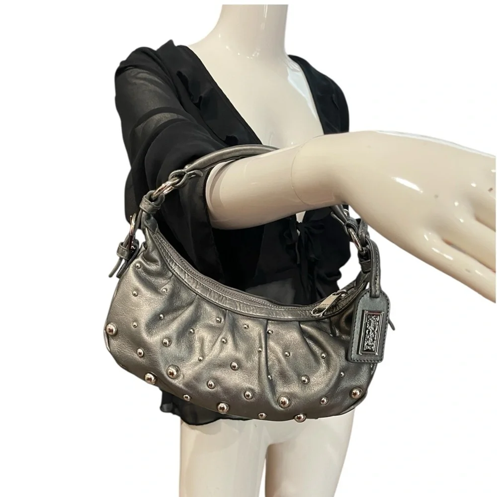 Badgley Mischka Gray Silver Studded Crescent Small Hobo Bag Purse